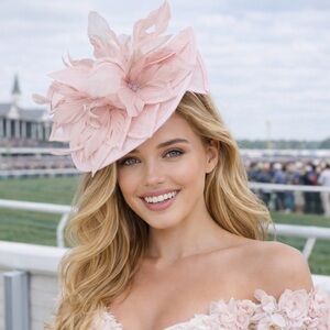Kentucky Derby Pink Fascinator Hat Feather Floral Headpiece Statement Headwear